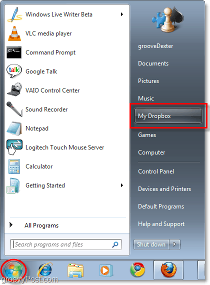 můj dropbox na start menu Windows 7