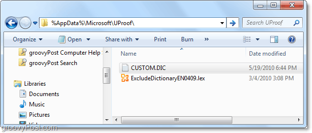 skutečné umístění souboru custom.dic sady Office 2010