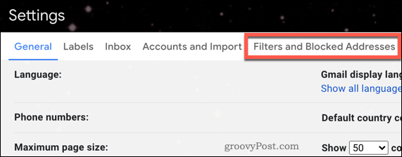 Nabídka filtrů Gmailu