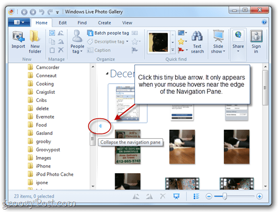 Zobrazit / skrýt navigační podokno ve Windows Live Photo Gallery 