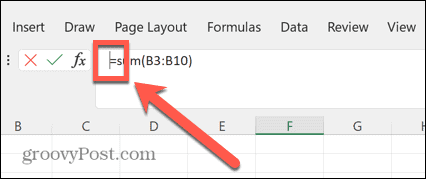 kurzor řádku vzorců Excel vlevo od rovná se
