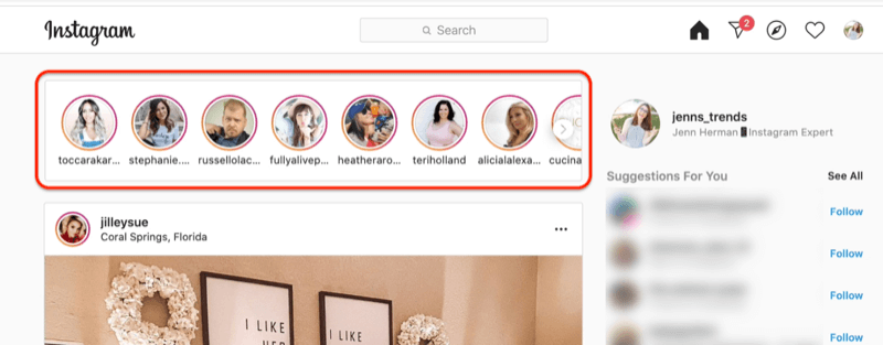 snímek obrazovky s instagramovým kanálem se zvýrazněnými kruhy profilu příběhů