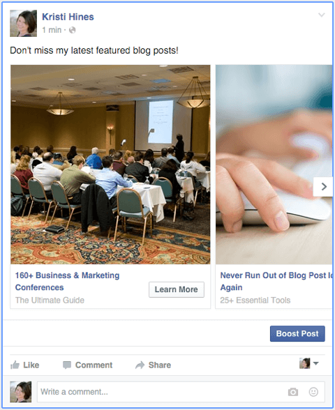 facebookový karusel jako příspěvek na stránce