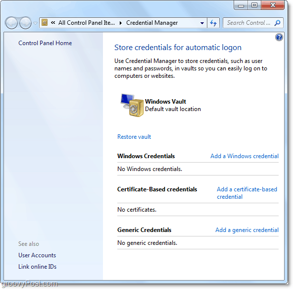celkový pohled na úschovnu správce pověření systému Windows 7