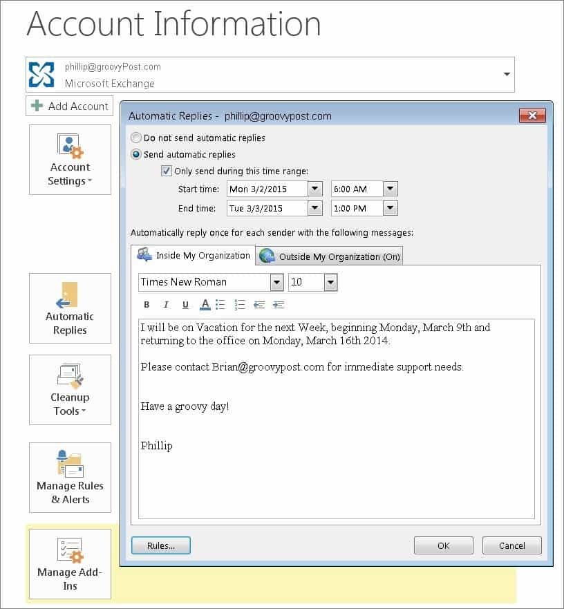 Povolit automatické odpovědi pomocí pomocníka Office v aplikaci Outlook 2010 a 2013