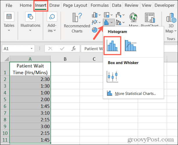 Vložte histogram do Excelu