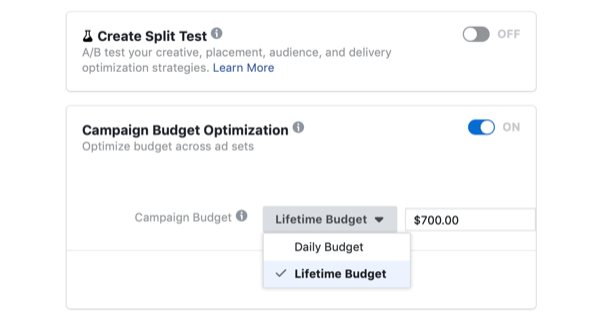 výběr optimalizace rozpočtu kampaně a celoživotního rozpočtu pro kampaň na Facebooku v den bleskového prodeje