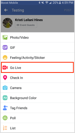 Možnost Go Live pro událost Facebook prostřednictvím mobilní aplikace Facebook