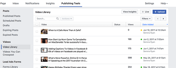 Vaše videotéka na Facebooku obsahuje všechna vaše publikovaná i nepublikovaná videa. Videa se žlutou tečkou nejsou publikována a videa se zelenou tečkou jsou publikována.