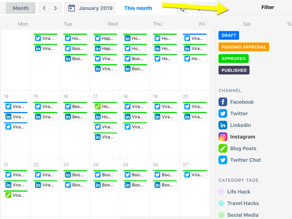 Jak organizovat úkoly marketingu na sociálních médiích, přehled kalendáře ContentCal s filtry
