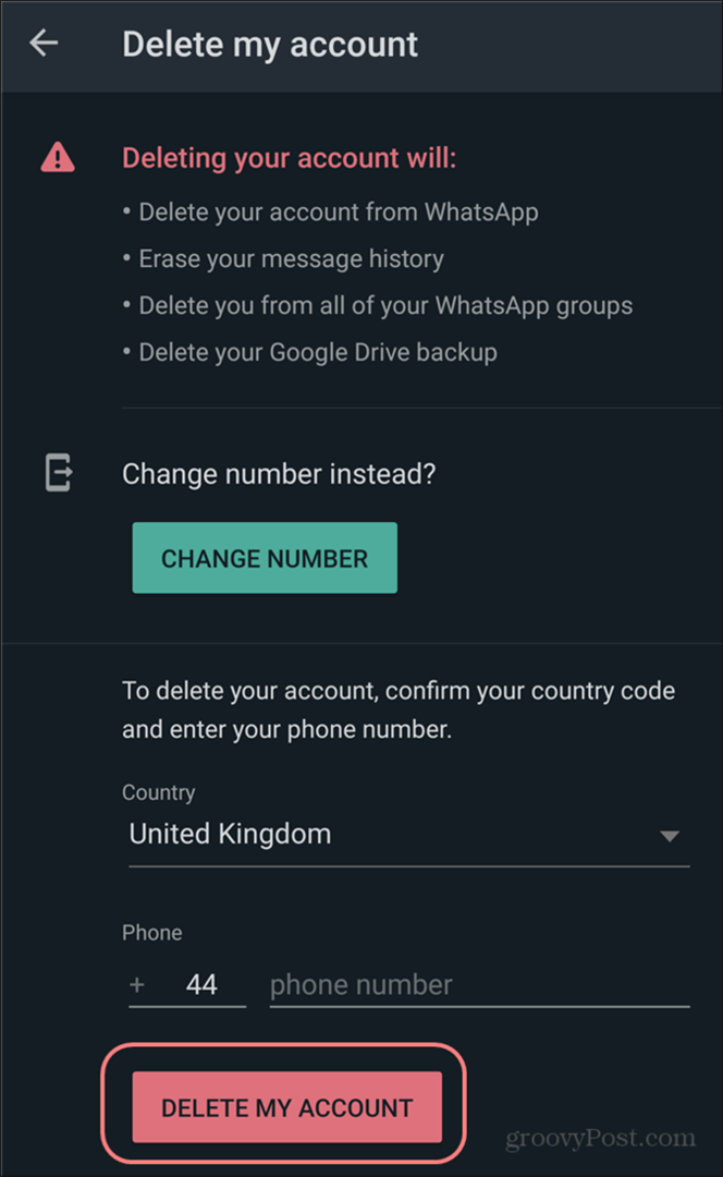 Odstranit nastavení účtu WhatsApp potvrďte odstranění