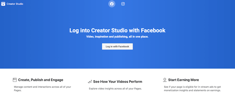 Přihlašovací stránka služby Facebook Creator Studio
