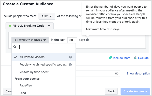 Vytvořte si vlastní publikum lidí, kteří navštívili váš web za posledních 30 dní, 60 dní, 90 dní a 180 dní. 
