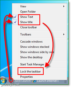 v systému Windows 7 zakažte text a nadpis pro rychlé spuštění, uzamkněte hlavní panel