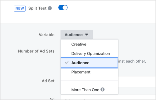 Vyberte proměnnou, kterou chcete otestovat pomocí funkce testování rozdělení na Facebook.