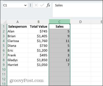 Excel vybraný sloupec