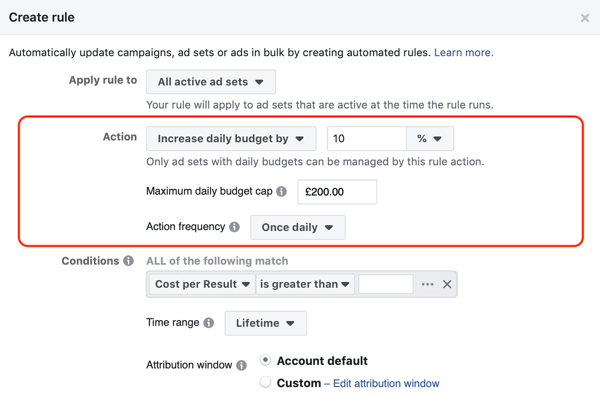 Používejte automatická pravidla Facebooku, zvyšte rozpočet, pokud je ROAS větší než 2, krok 2, nastavení akcí