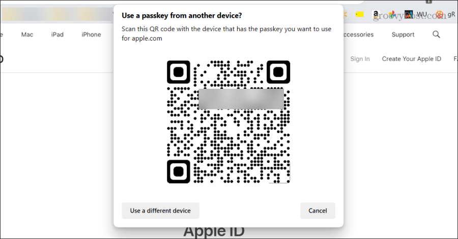 skenování qr kódů přístupových klíčů účtu Apple