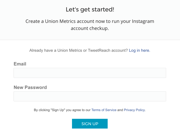 Zadejte svůj e-mail a zvolte heslo k vytvoření účtu Union Metrics.