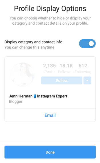Výběr a zobrazení kategorie profilu Instagram Instagramu.