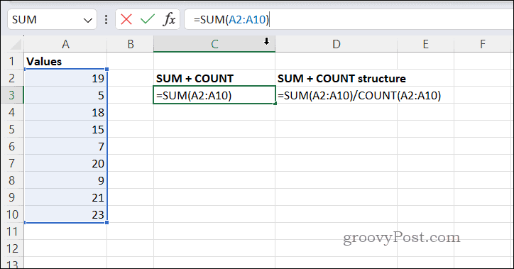 Výpočet průměrů pomocí SUMCOUNT v Excelu