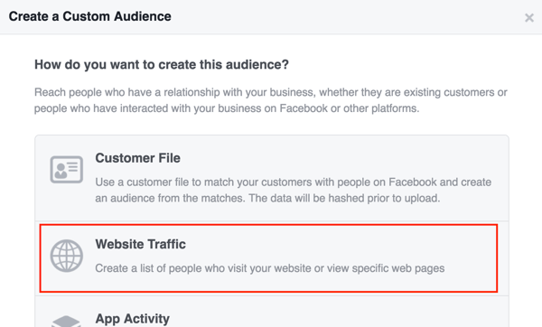 Vytvořte si vlastní publikum na Facebooku na základě provozu na webu.