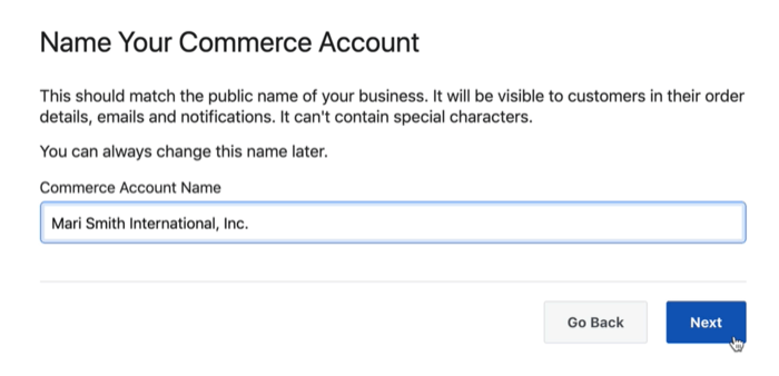 možnost dialogového okna pro pojmenování vašeho facebookového obchodního účtu