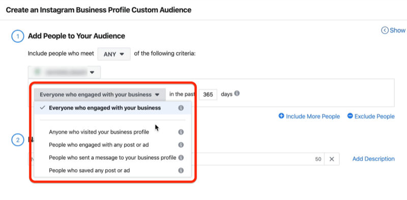 snímek obrazovky rozevírací nabídky Všichni, kdo se zapojili do vaší firmy v okně Vytvořit vlastní publikum profilu Instagram Business Profile