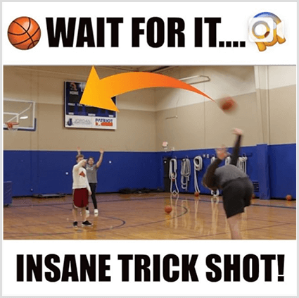 Obrázek miniatury příspěvku na Instagram má bílé pruhy a černý text nad a pod obrázkem bílého muže, který dělá trik s basketbalem v tělocvičně. Horní text má basketbalové emodži a text Wait For It. Spodní text říká Insane Trick Shot!