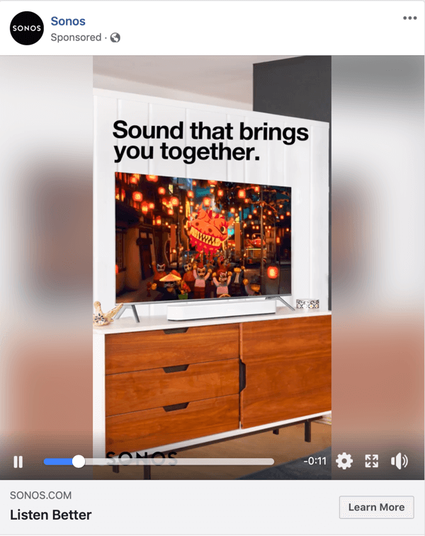 Příklad videoreklamy na Facebooku od společnosti Sonos.