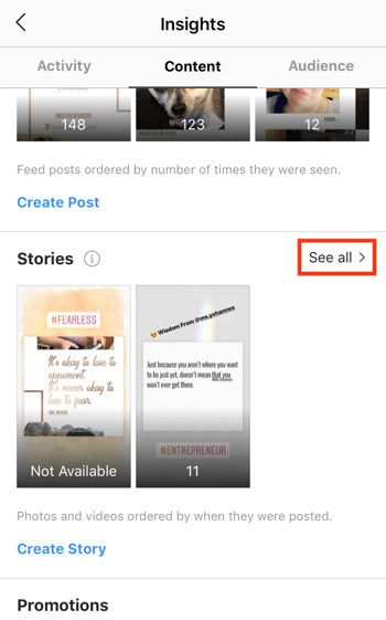 Prohlédněte si údaje o ROI Instagram Stories, krok 3.