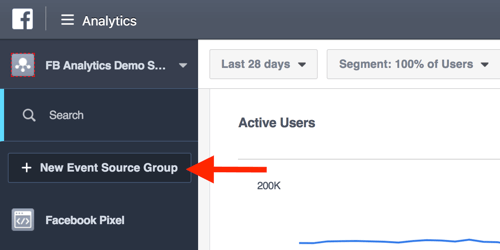 Vytvořte skupiny zdrojů událostí ze svého hlavního panelu služby Facebook Analytics.