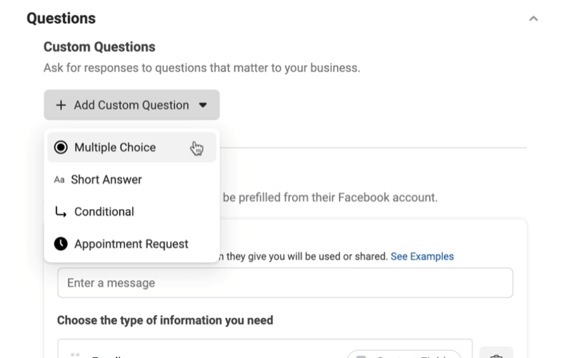 Reklamy na Facebooku vedou k vytvoření nové možnosti formuláře pro zájemce o přidání nabídky vlastních otázek s možnostmi pro výběr z několika možností, krátkou odpověď, podmínku nebo žádost o schůzku