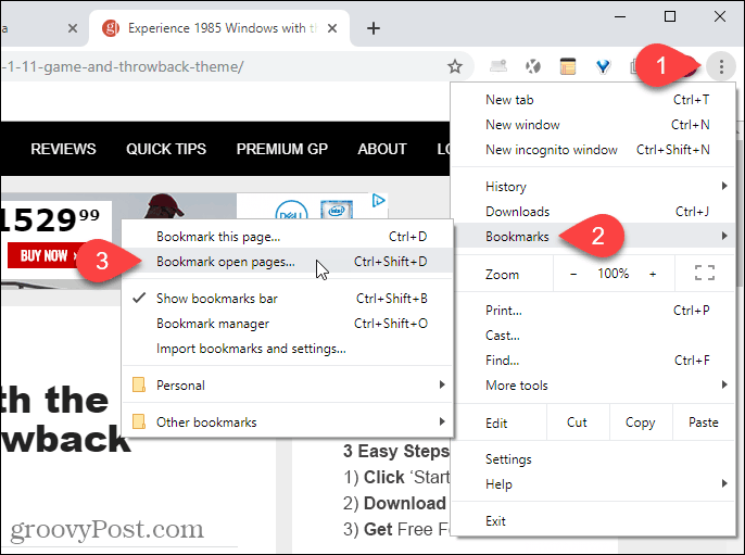 V nabídce Chrome vyberte možnost Přidat otevřené stránky do záložek