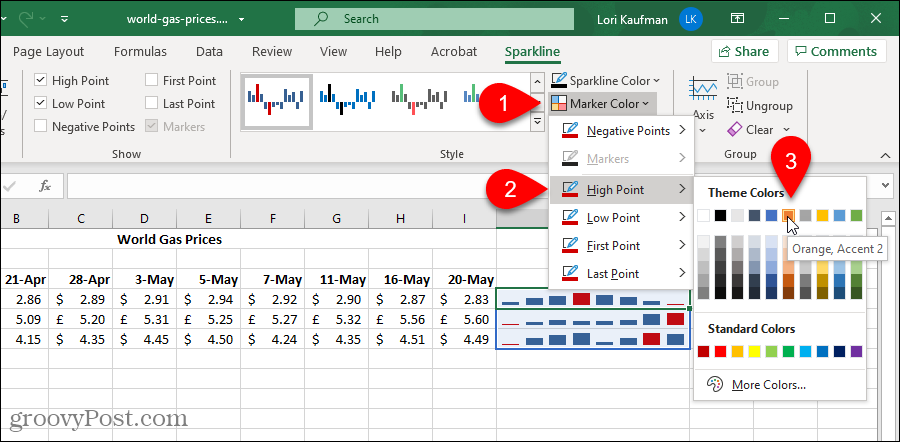 Změňte barvu značky v grafu Excel Sparklines