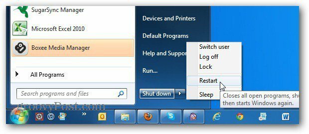 Změňte tlačítko napájení nabídky systému Windows 7 na Vždy restartovat