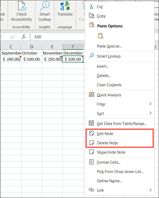 Úpravy nebo mazání poznámek v aplikaci Excel