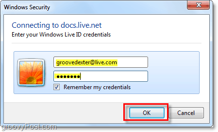 zadejte uživatelské jméno a heslo svého účtu Windows v kanceláři Microsoft Office 2010