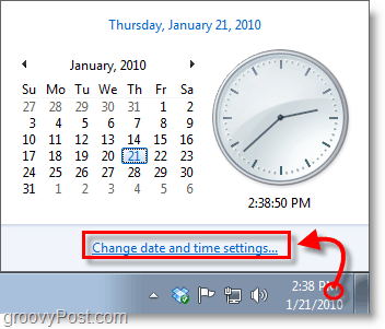 Snímek obrazovky systému Windows 7 - klikněte na hodiny a změňte nastavení
