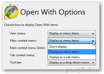 Otevřít pomocí voleb - hlavní kontextové menu