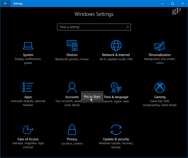 Kategorie nastavení systému Windows 10