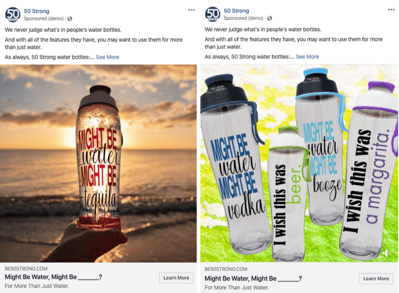 dvě reklamy na Facebooku s různými obrázky, které lze otestovat pomocí experimentů na Facebooku