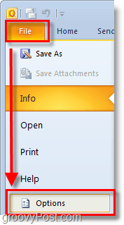 v aplikaci Outlook 2010 pomocí pásky souboru otevřete možnosti