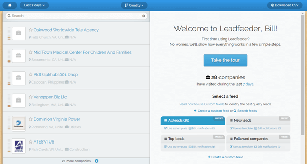 Leadfeeder nabízí bezplatnou zkušební verzi a tuto obrazovku uvidíte po registraci.