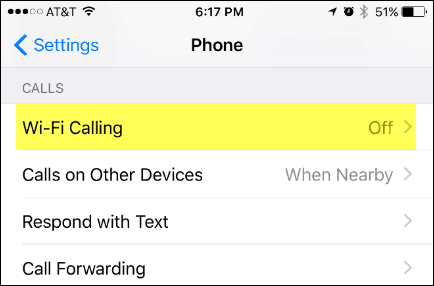 Volání WiFi v nabídce Nastavení iPhone