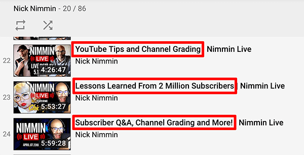 Toto je snímek obrazovky s názvy živých videí YouTube z kanálu Nicka Nimmina.