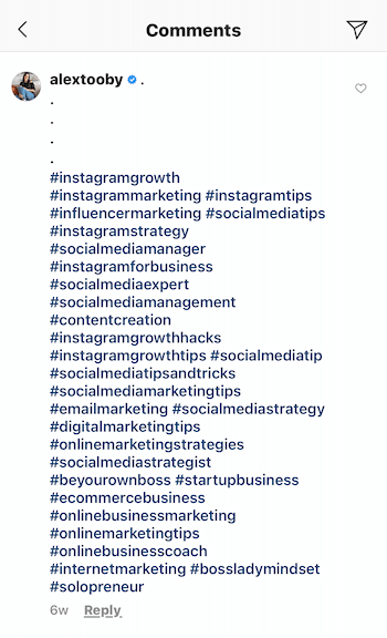 příklad komentáře k příspěvku na instagramu od @alextooby složeného z 30 příslušných hashtagů
