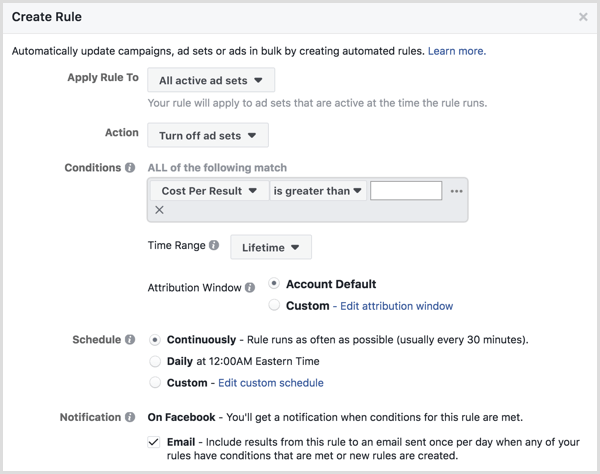 Okno nastavení automatických pravidel Facebooku