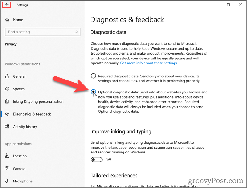Zapněte Windows 10 Volitelná diagnostická data