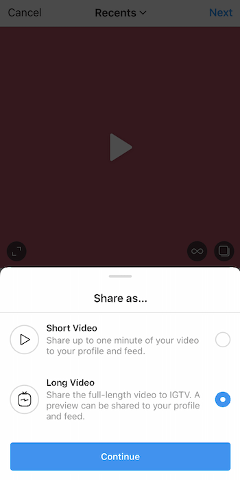 nahrávání videa v instagramu s vytaženou nabídkou Sdílet jako a vybranou možností dlouhého videa